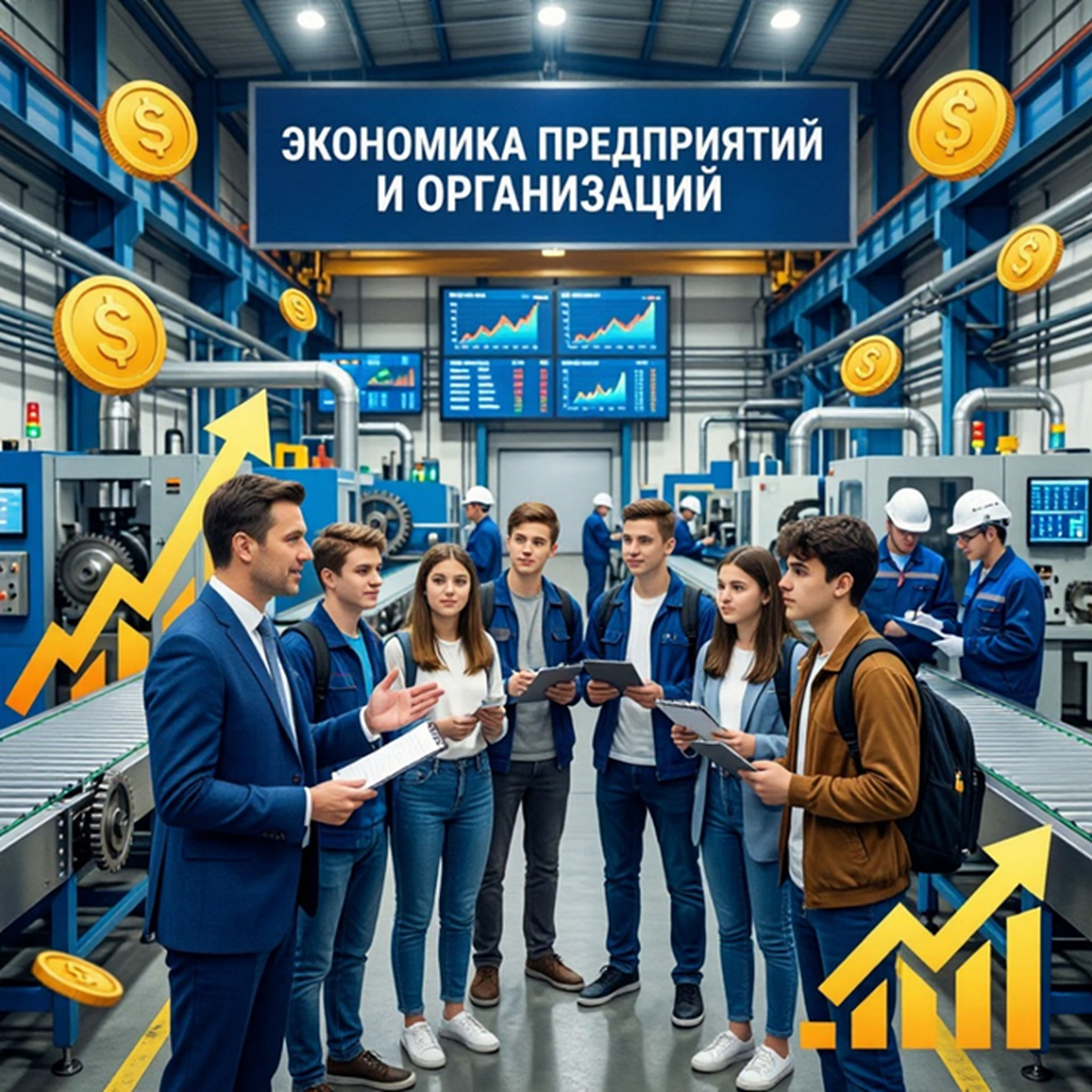 Студенты и преподаватель обсуждают экономические показатели предприятия