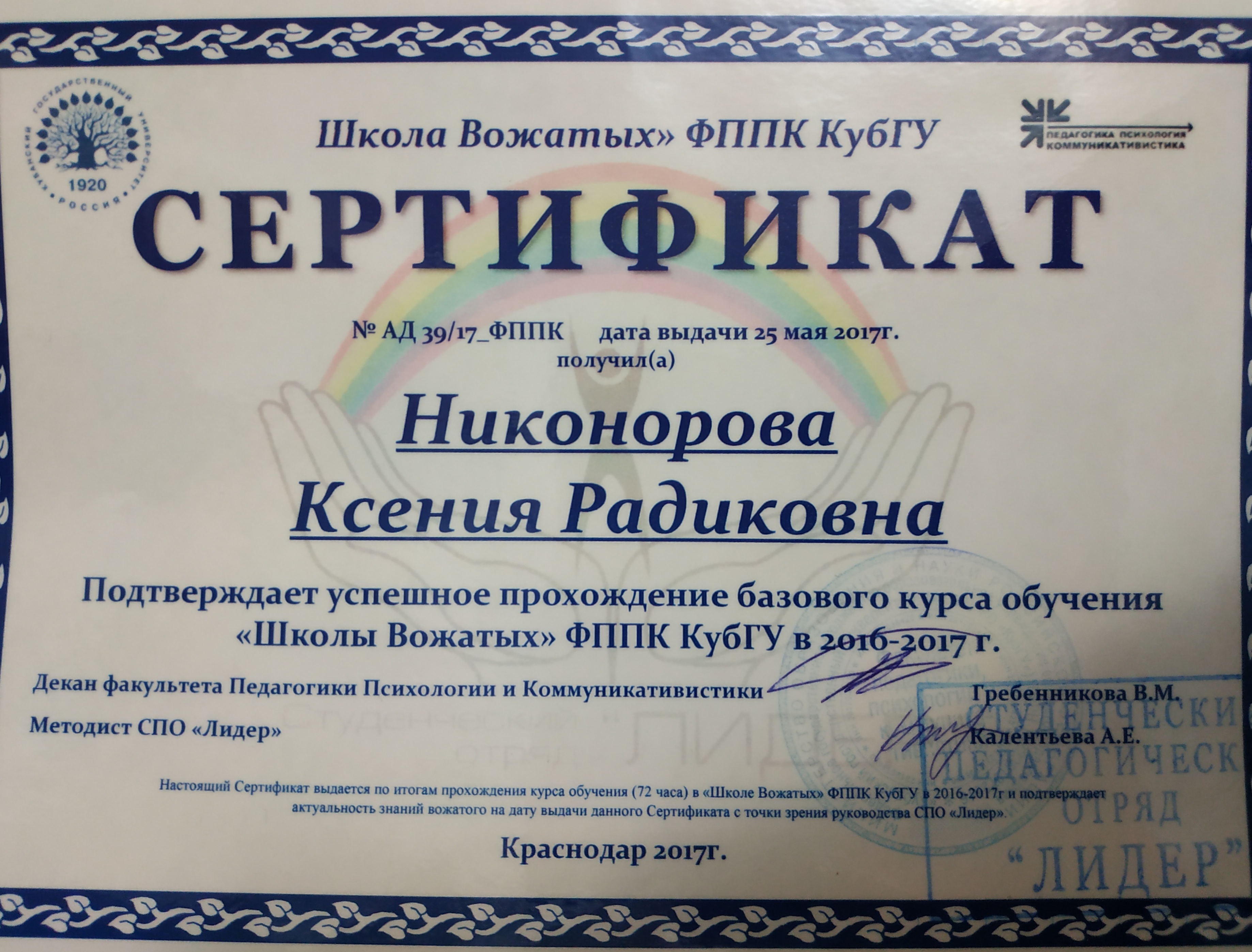 Сертификат вожатого образец