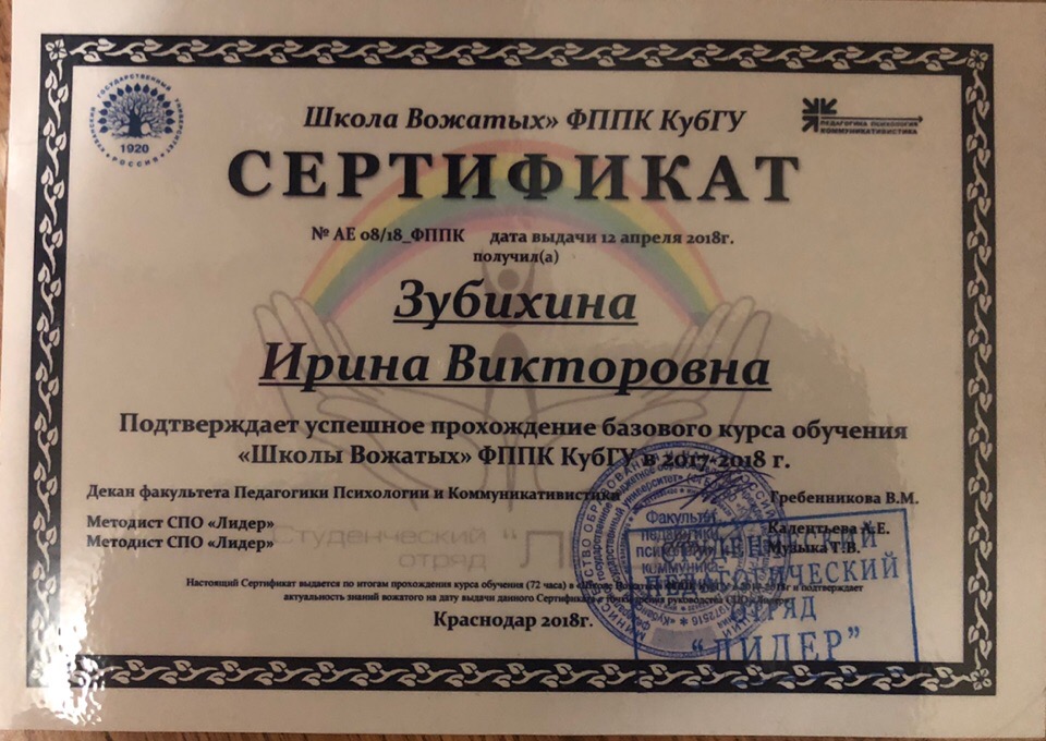 Сертификат вожатого образец